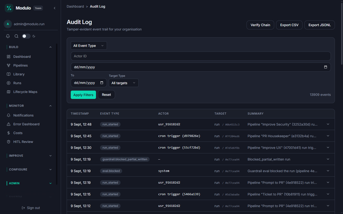 The audit log showing tamper-evident events with semantic actors (cron trigger, system, users) and descriptive summaries, plus Verify Chain and export buttons