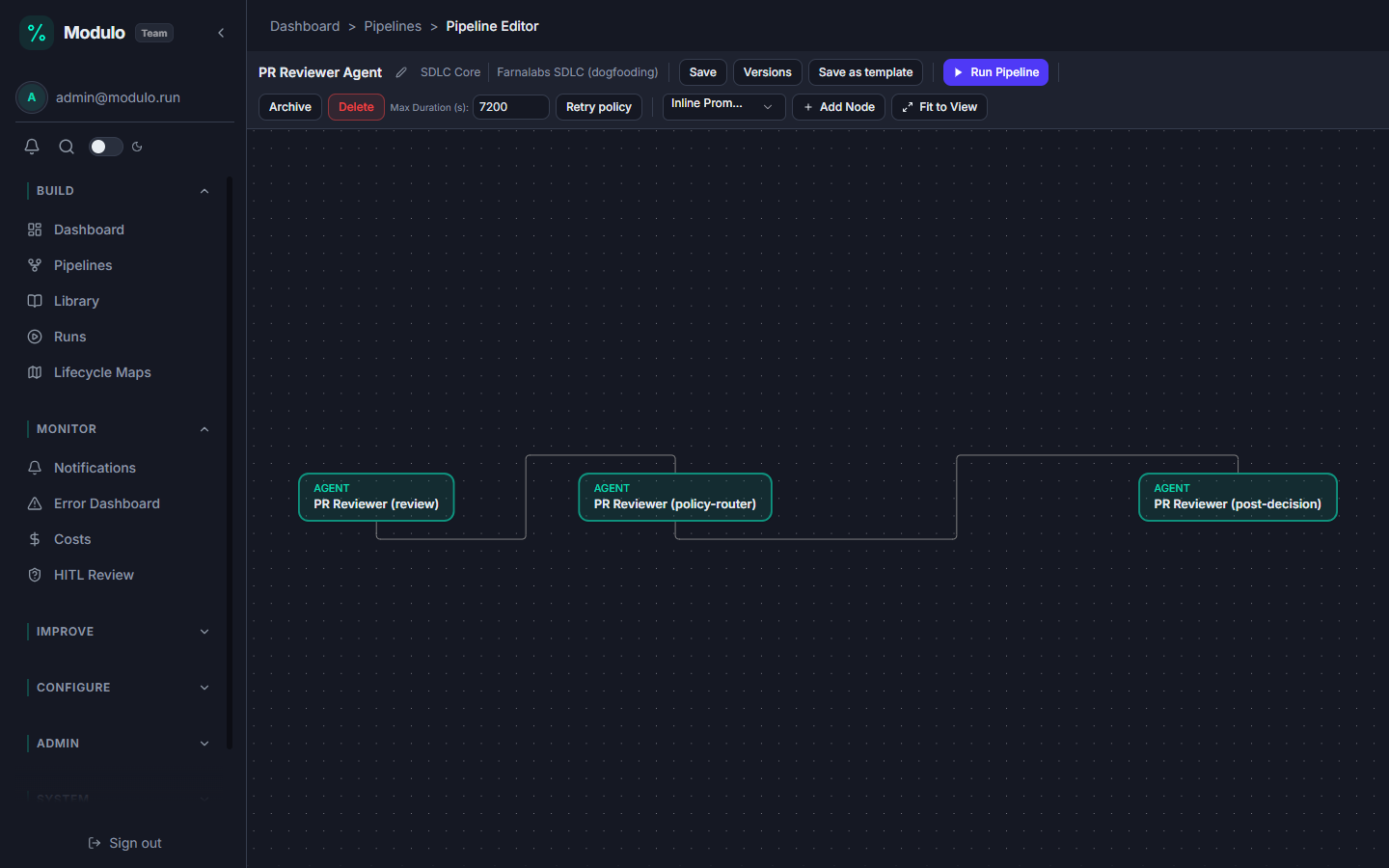 The Modulo pipeline editor showing the PR Reviewer graph: review, policy-router, and post-decision agent nodes connected by edges