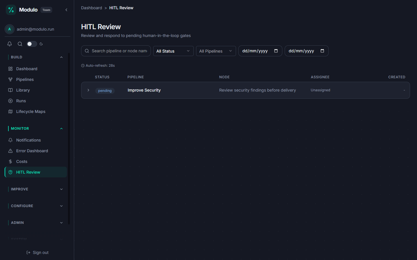 The HITL review queue showing a pending human-in-the-loop gate for the Improve Security pipeline, with labelled columns for status, pipeline, node, assignee, and created