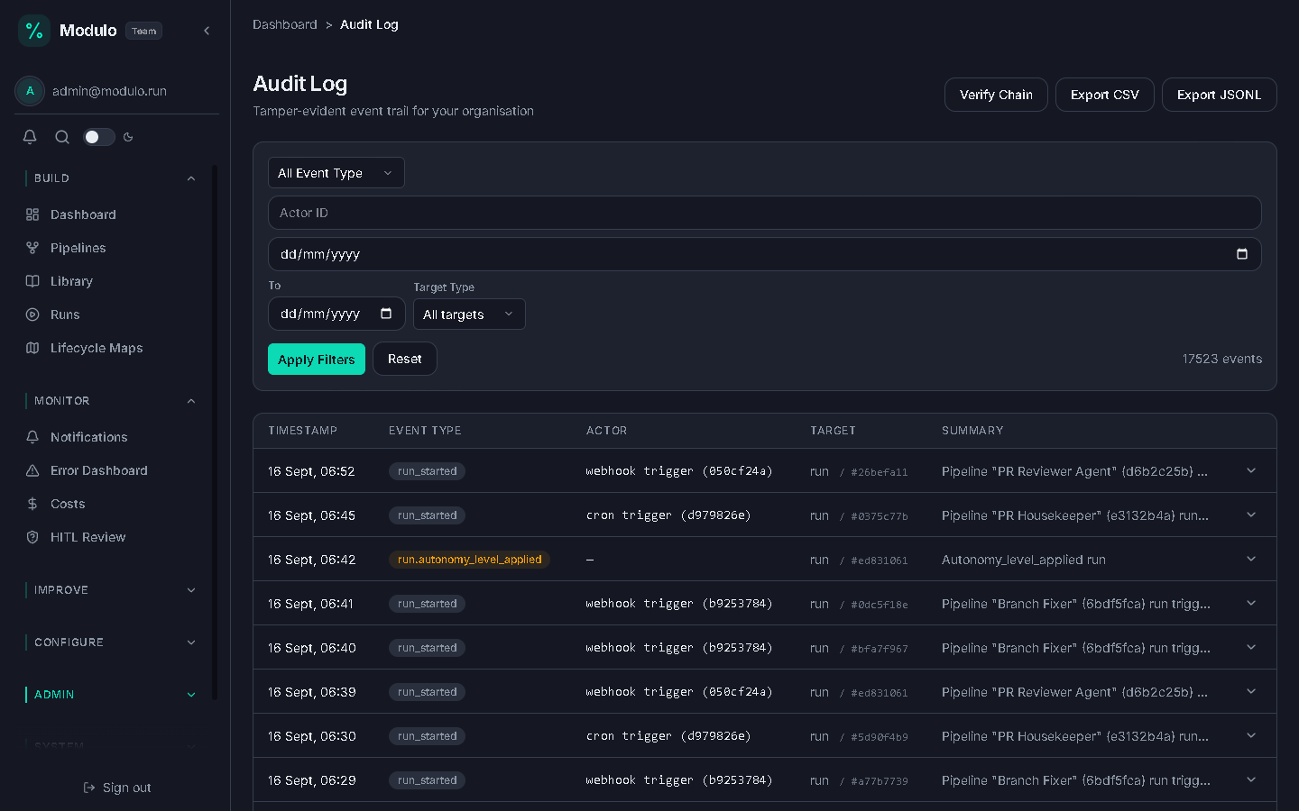 Audit log with tamper-evident events and Verify Chain button visible