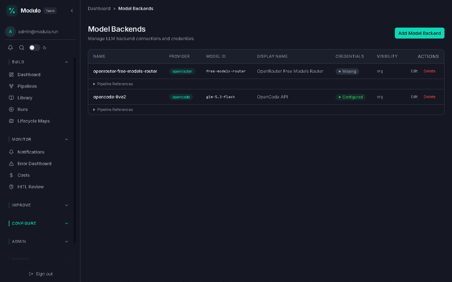 Model Backends admin page showing two configured providers with health status