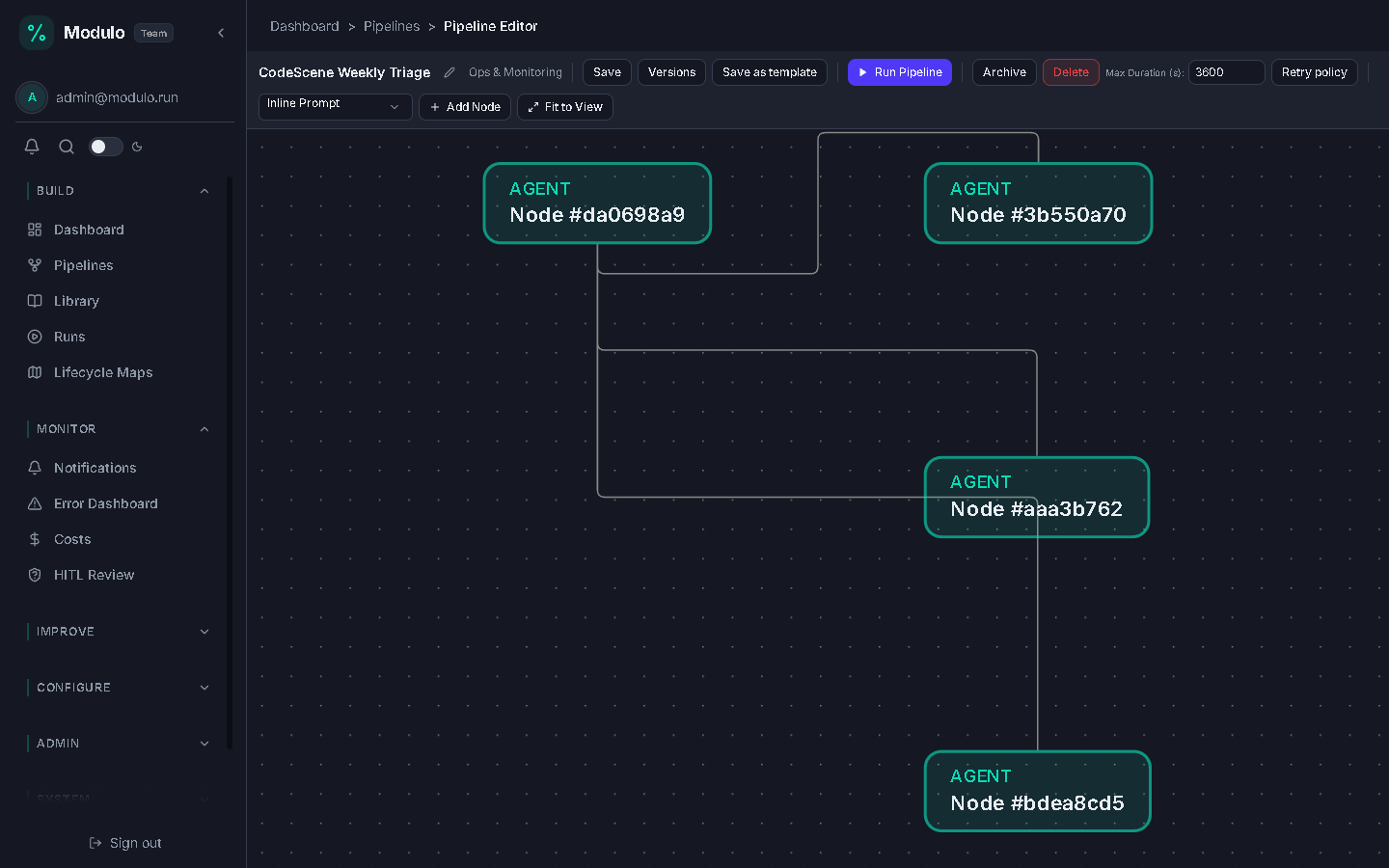 Pipeline editor canvas with a multi-node graph showing agents, connectors, and gates connected by edges