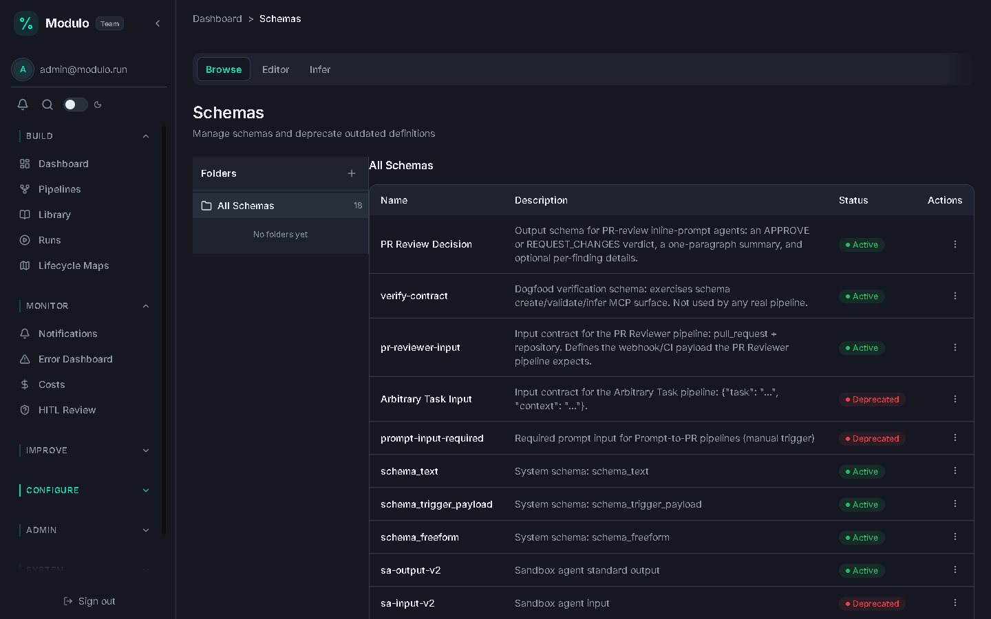 Schema detail view showing typed fields and version history